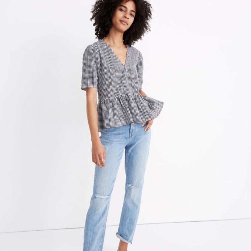 NWT Madewell Cross Over Textured Top in Gingham Check